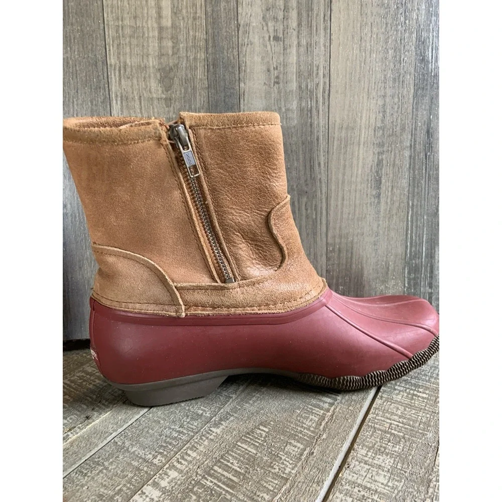 Sperry‎ Saltwater Women's Rain Duck Boots Tan Burgundy Side Zipper Size 9.5